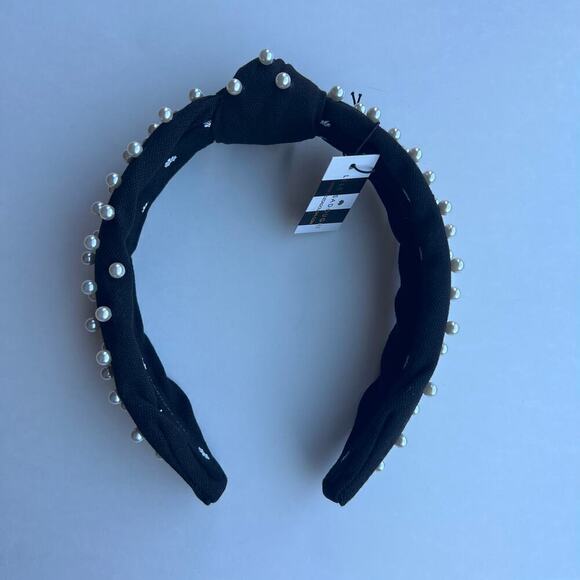 RARE Lele Sadoughi Timeless Chic Black Knotted Pearl Headband Gold Logo - Picture 6 of 9